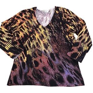 ALBERTO MAKALI Embellished Beaded Abstract Animal Print V-Neck Top Women's Large